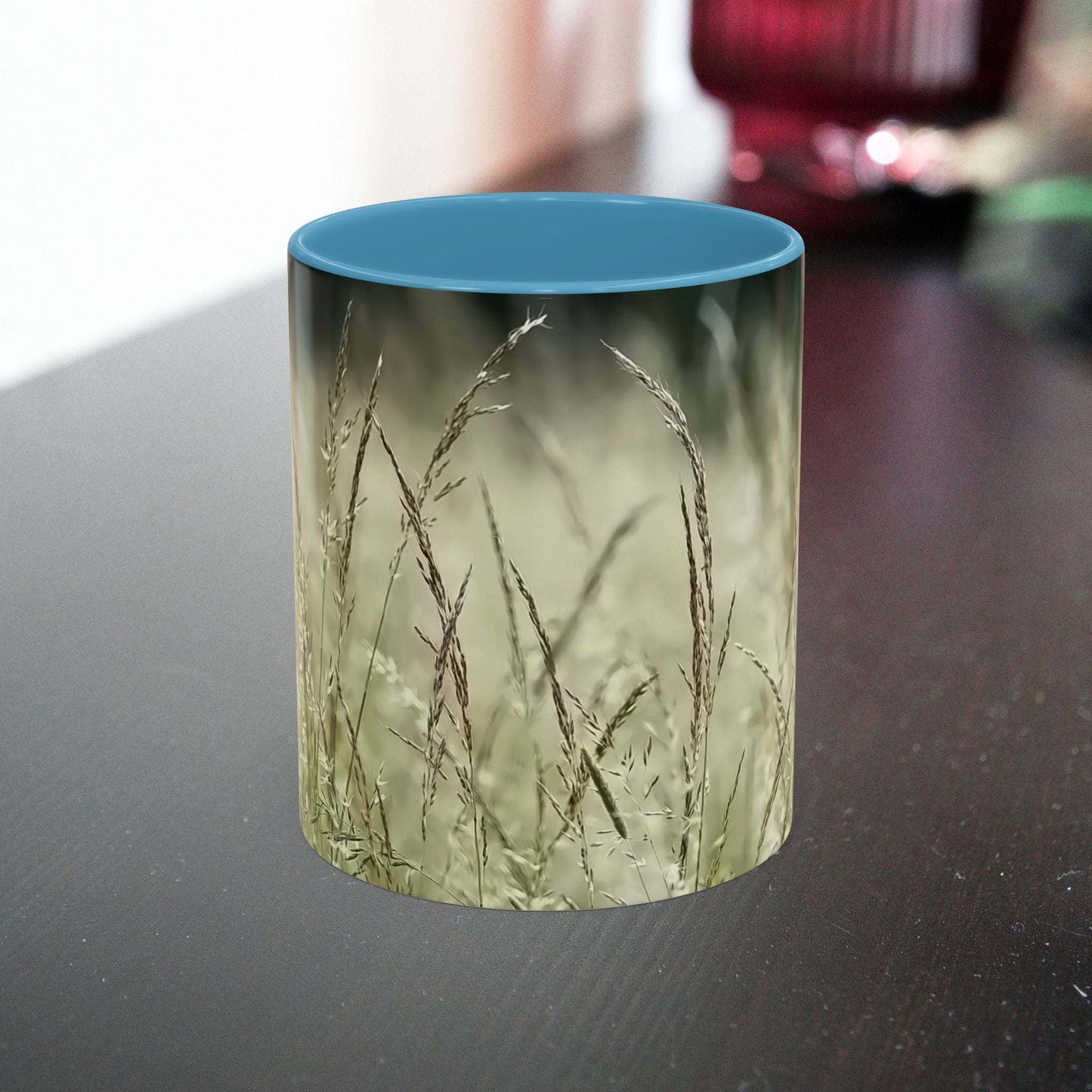 Ceramic mug with a flowering grass design for nature lovers.