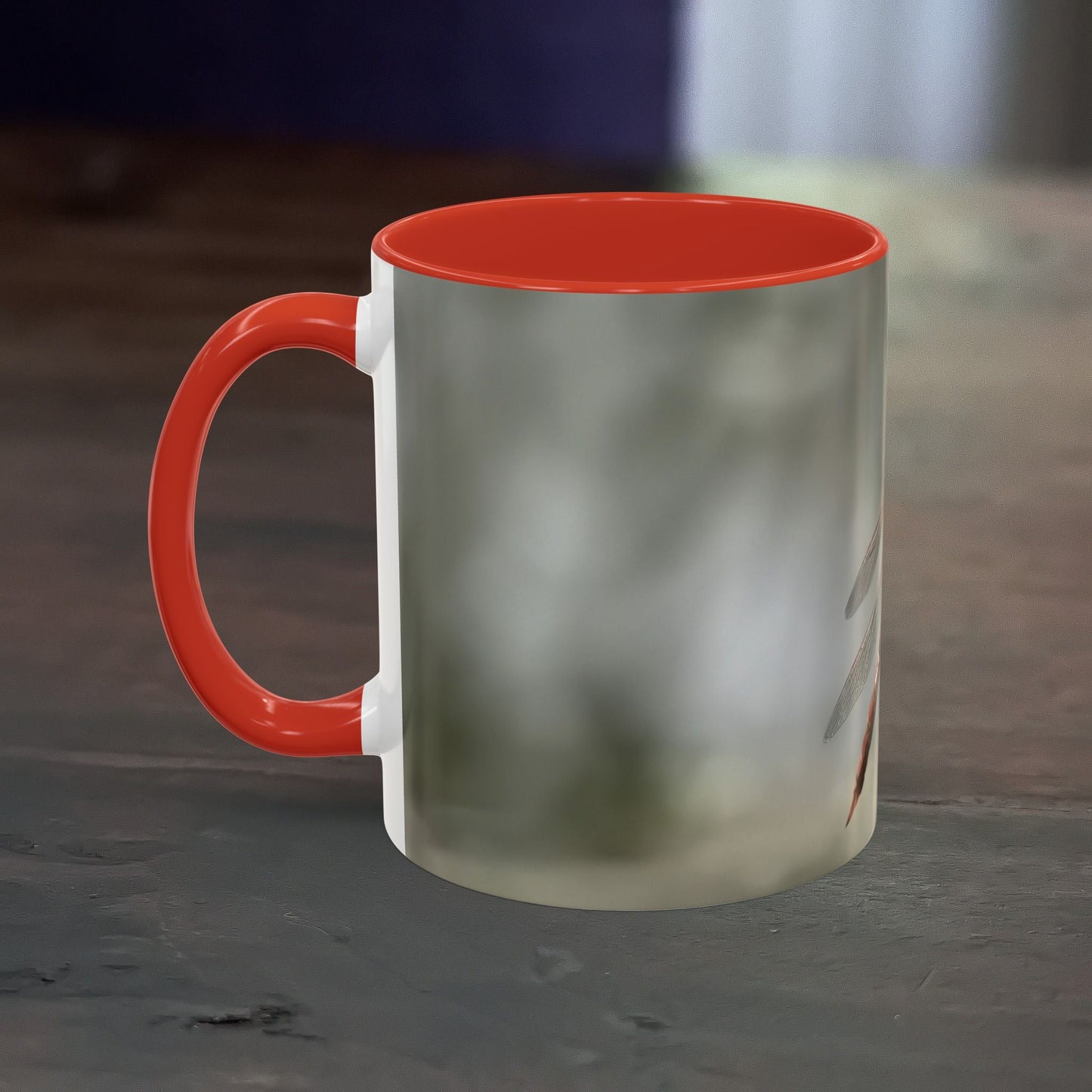 Accent Coffee Mug with vibrant dragonfly design, red handle, and interior.