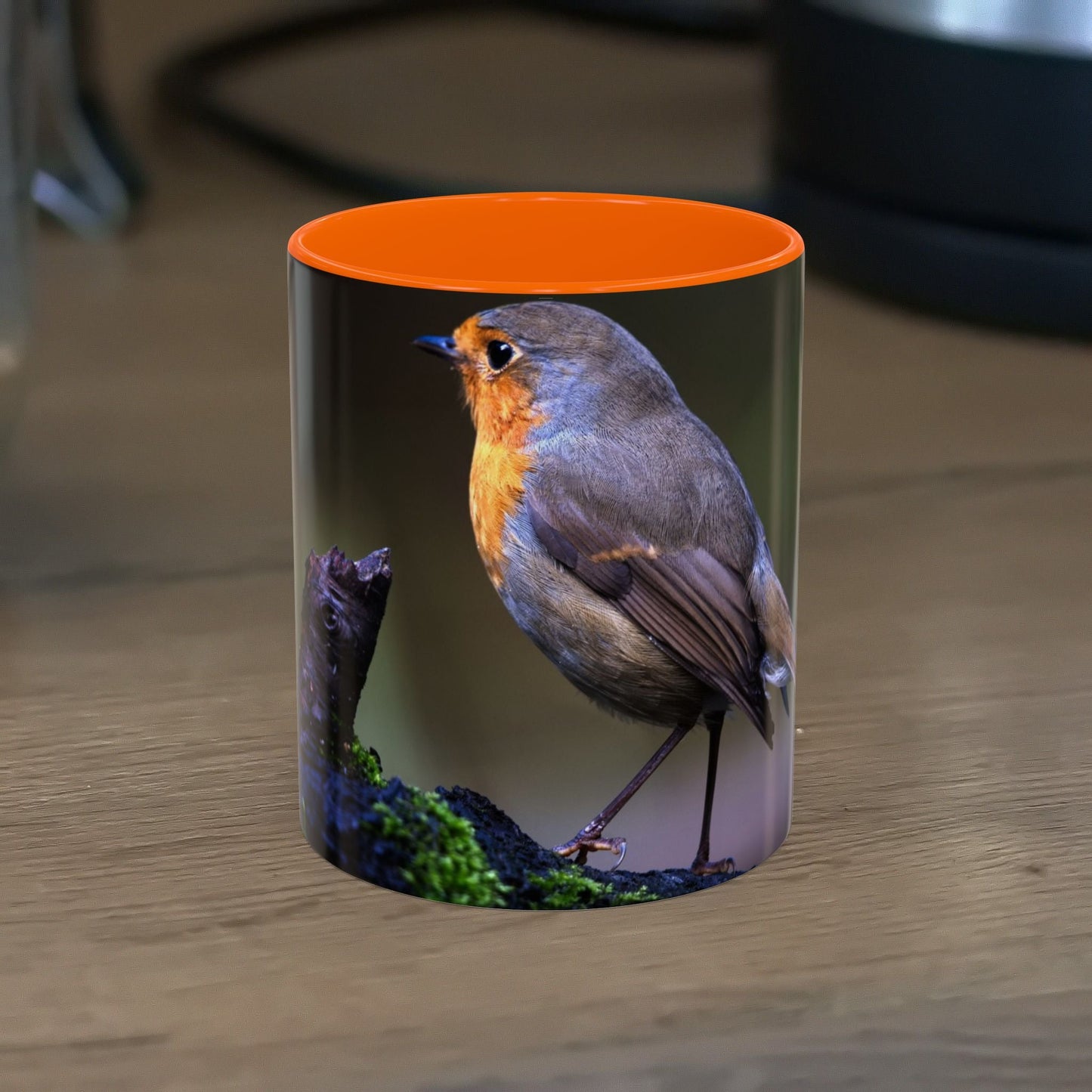 White ceramic Robin Mug with vibrant bird illustration, 11oz capacity, microwave and dishwasher safe.