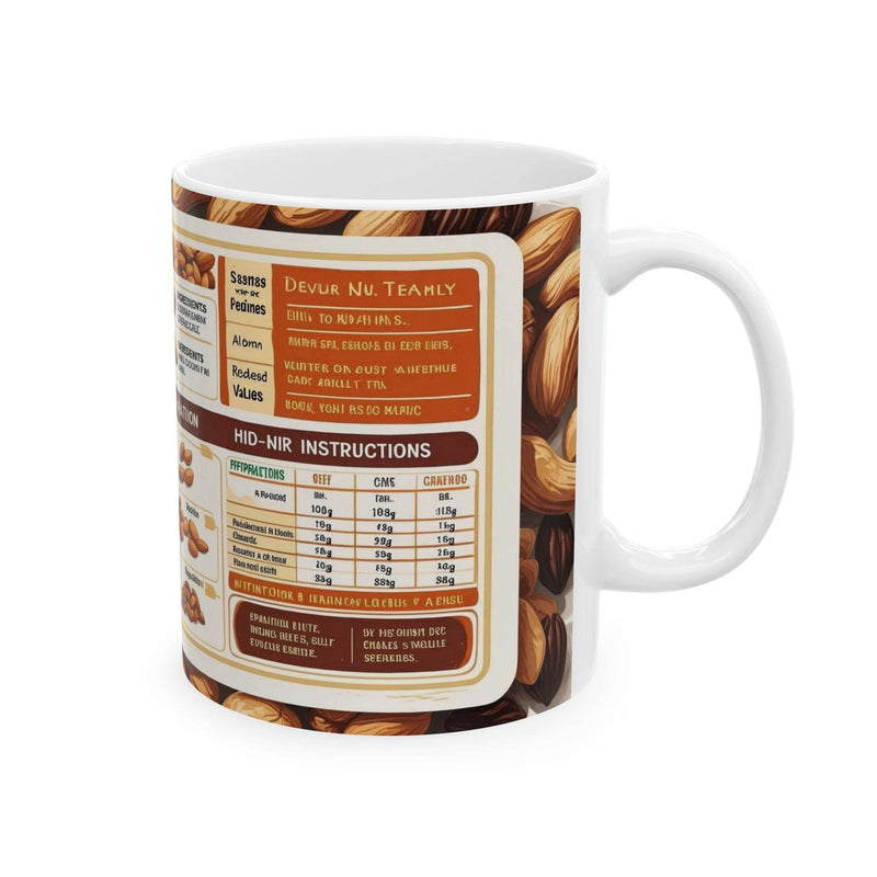 Premium 11oz fun themed Mug - Nuts Coffee Mug filled with hot coffee on a rustic wooden dining table surface.