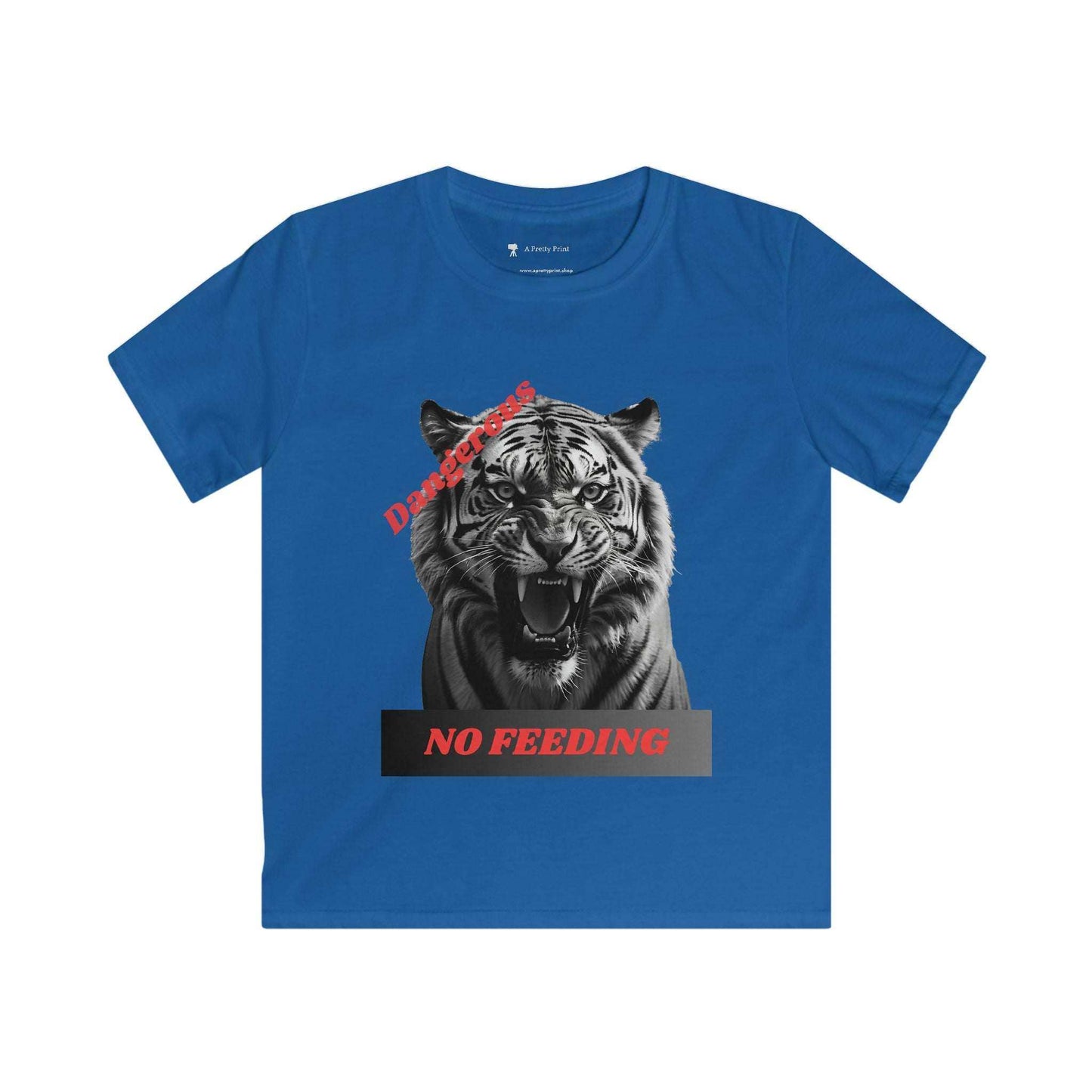 Youth tiger graphic tee, warning "Dangerous: No Feeding," kids graphic tee.