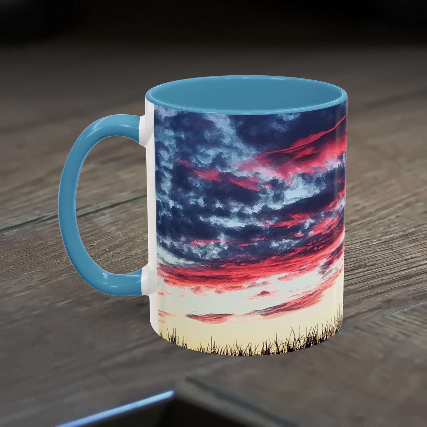 Vibrant Sunset Accent Coffee Mug with artistic design, perfect for nature lovers and office decor.