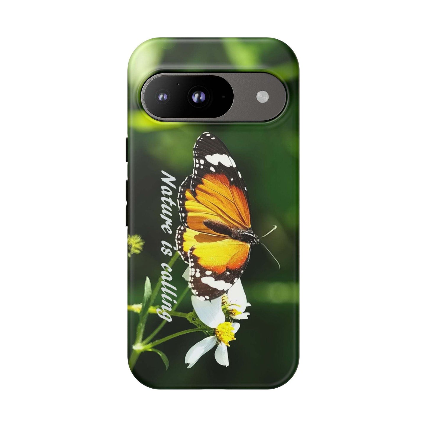 Nature-inspired tough phone case with butterfly and flower design, offers stylish protection.