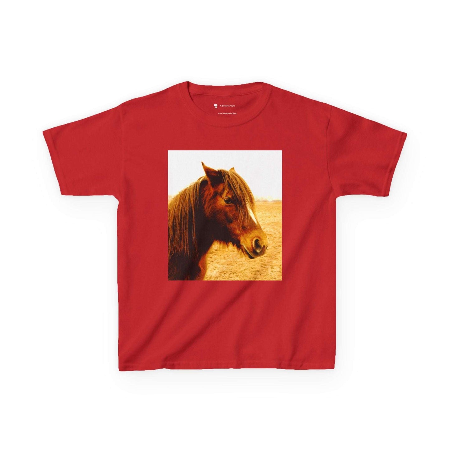 Red kids tee with horse print, soft breathable cotton, perfect for horse-loving children.