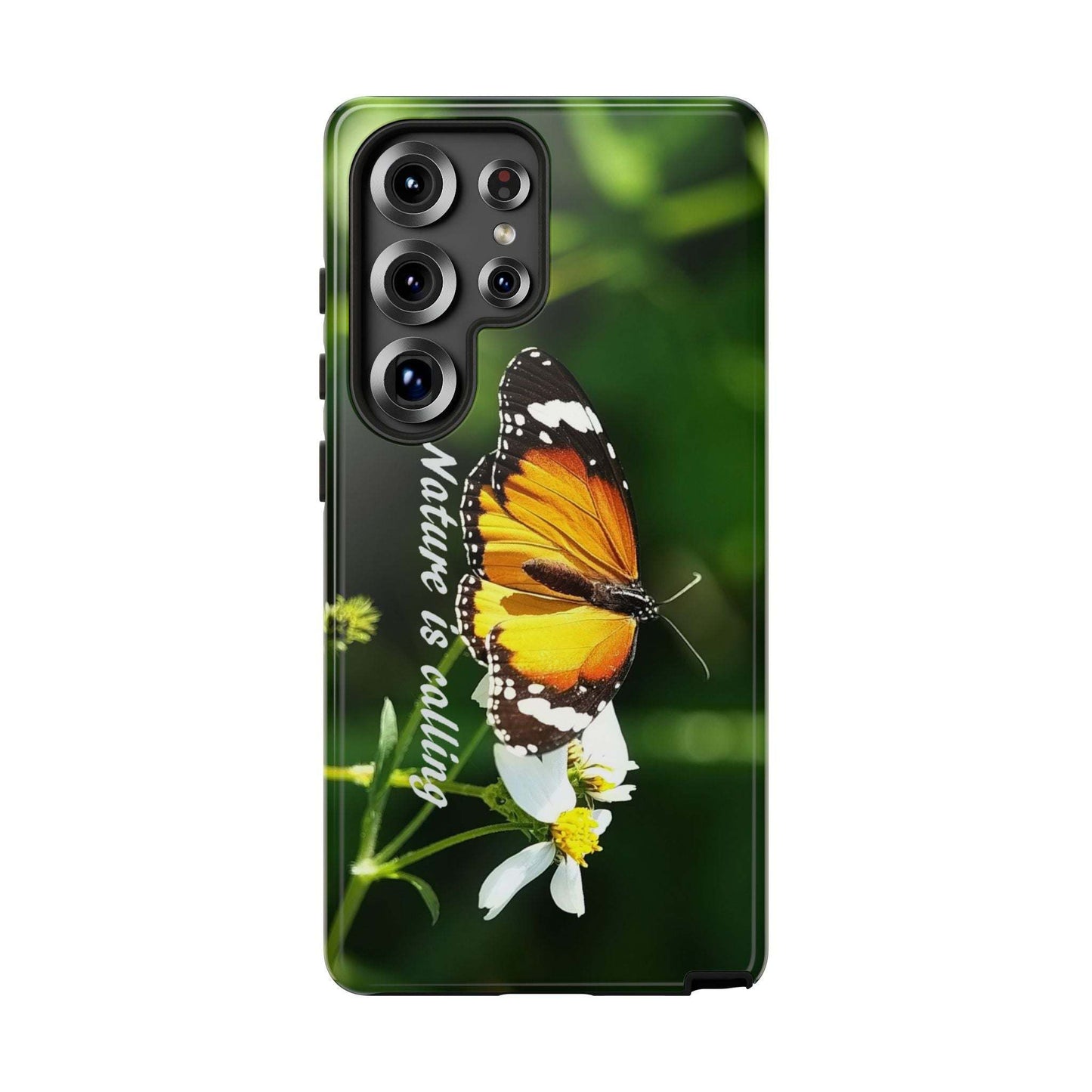 Nature-inspired tough phone case with butterfly and flower design for outdoor enthusiasts.
