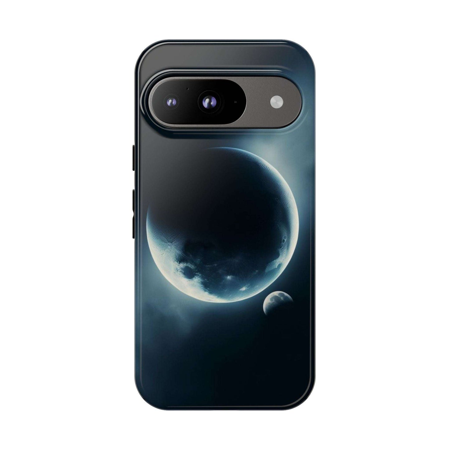 Futuristic phone case with Planet Earth and Moon design, durable and impact-resistant.