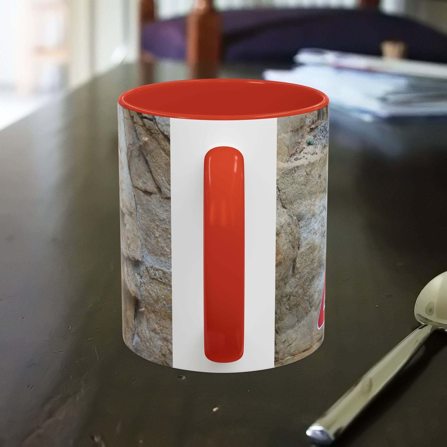 Rocky Mug featuring mountain design with danger of falling rocks theme.