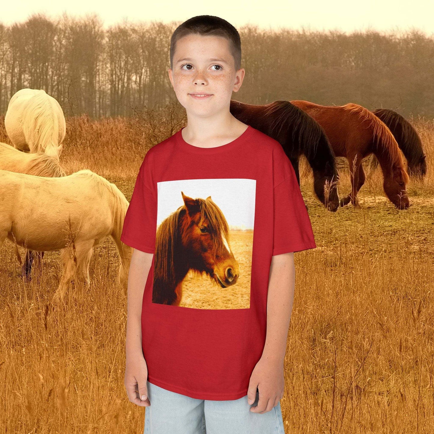 Kids Tee for horse-loving child featuring a horse graphic, perfect for boys and girls.