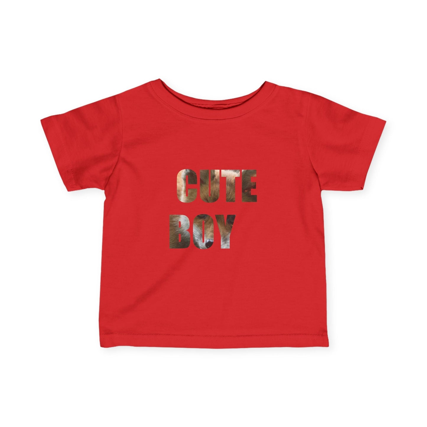 Red infant tee with "Cute Boy" text, made from soft cotton, perfect for babies.