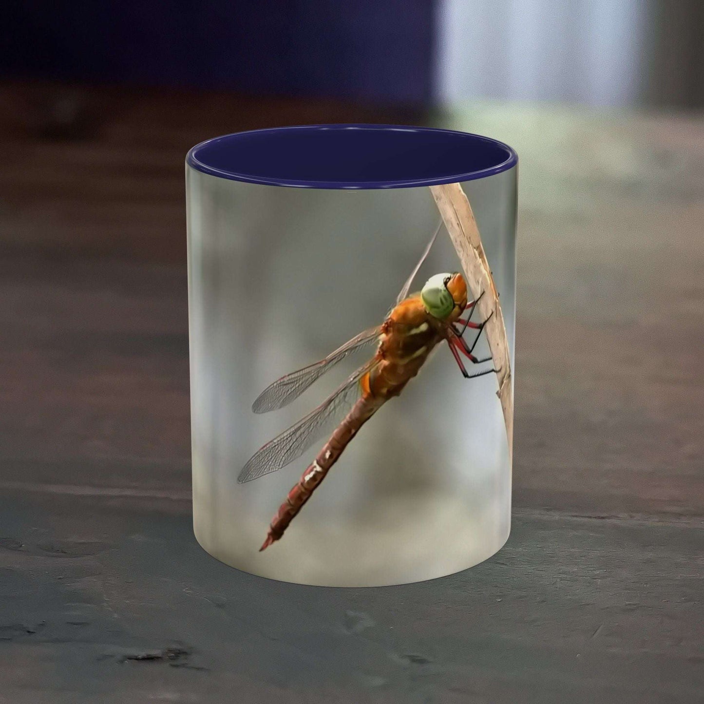 Dragonfly design mug with vibrant color contrast handle and interior, 11 oz ceramic accent coffee mug.