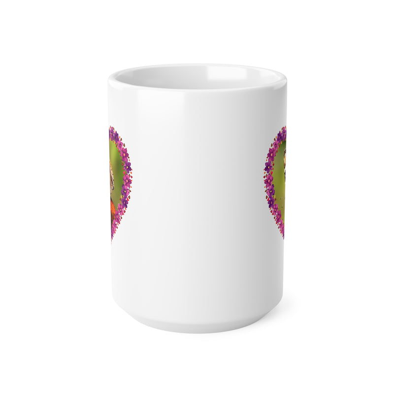 Large 440ml white ceramic mug with a sturdy C-shaped handle, printed with a vivid floral nature butterfly frame scene.