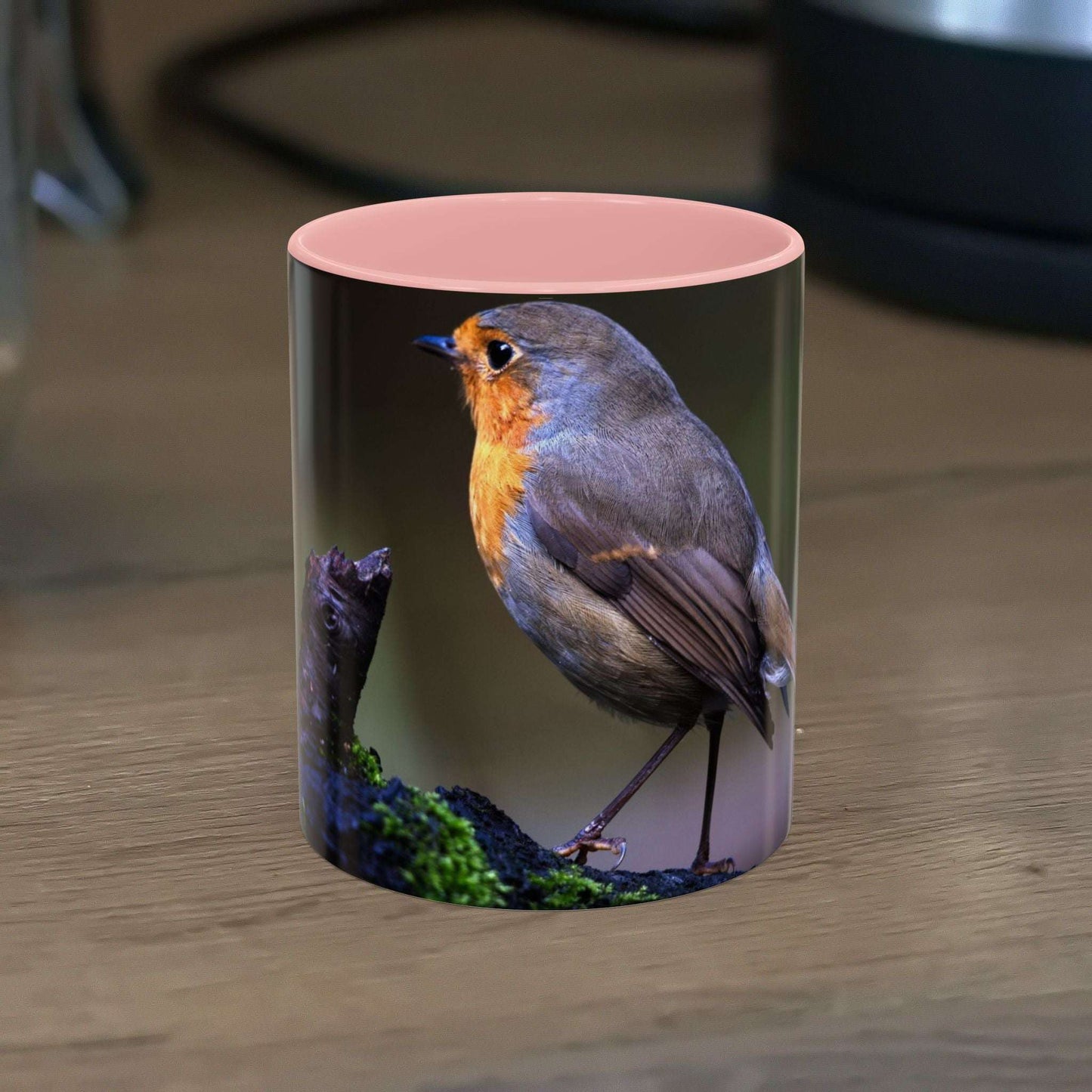 White ceramic Robin Mug with vibrant robin illustration, 11oz, perfect for nature lovers.