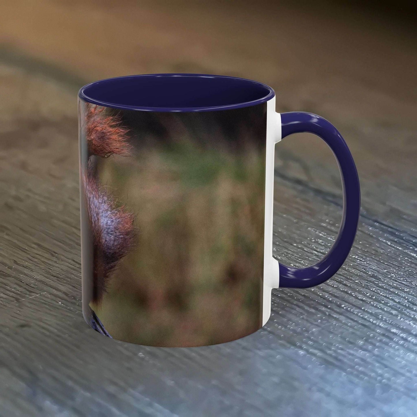 Squirrel coffee mug featuring a cute squirrel design on rustic background, perfect for nature lovers.