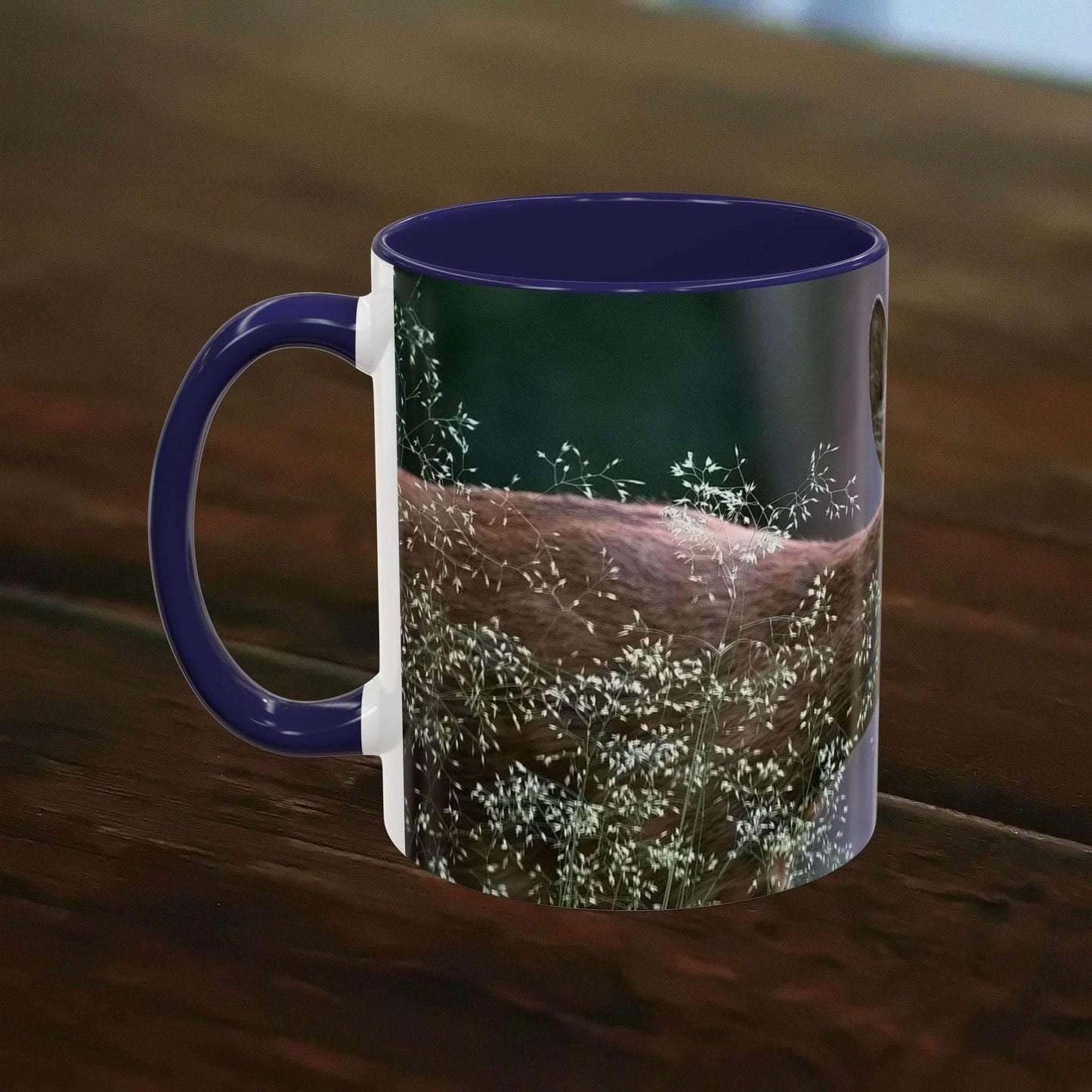 Nature-Inspired Deer Ceramic Mug - 11oz with floral design on wooden table.