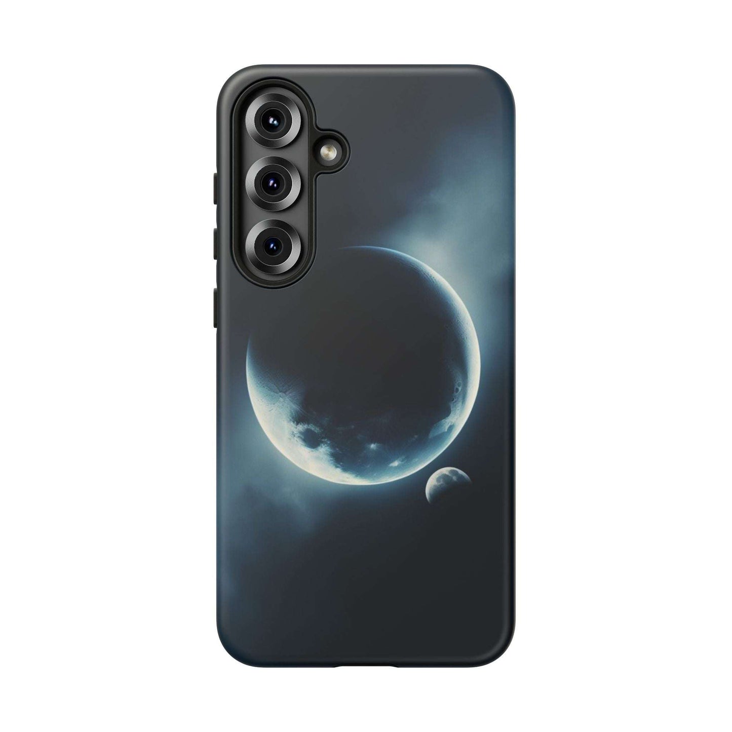 Phone case with Planet Earth and Moon design, space-themed, durable and impact-resistant.