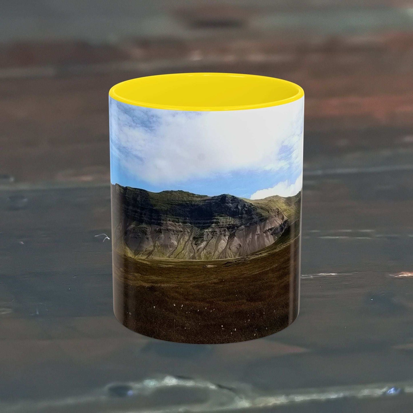 11oz coffee mug with Iceland scenery, featuring a sleek ceramic design and a vibrant yellow interior.