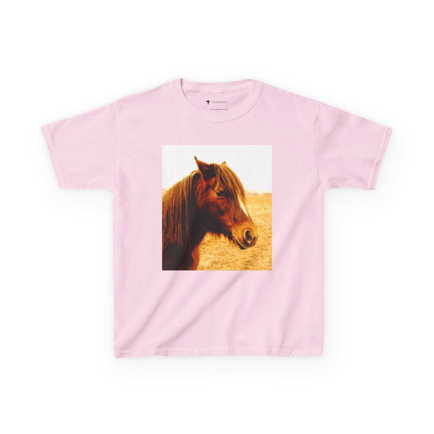 Pink kids tee with a horse graphic, perfect for horse-loving children.