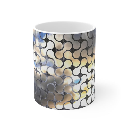 Abstract Mosaic Ceramic Coffee Mug – Blue & Neutral Pattern