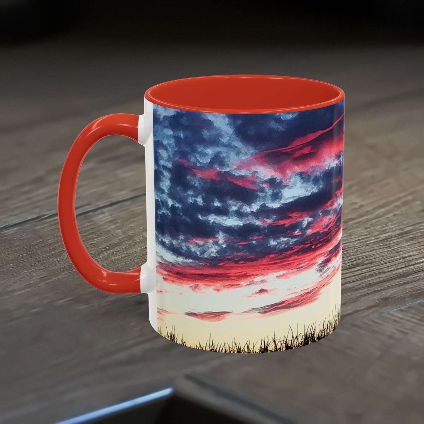 Sunset Accent Coffee Mug with vibrant sky design, perfect for nature lovers and home decor.