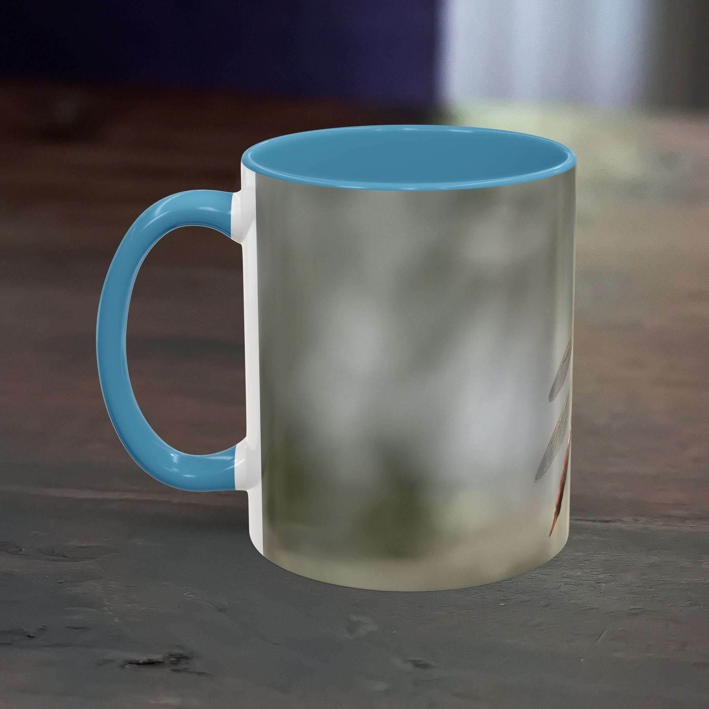 White ceramic mug with pretty dragonfly design, 11oz capacity.