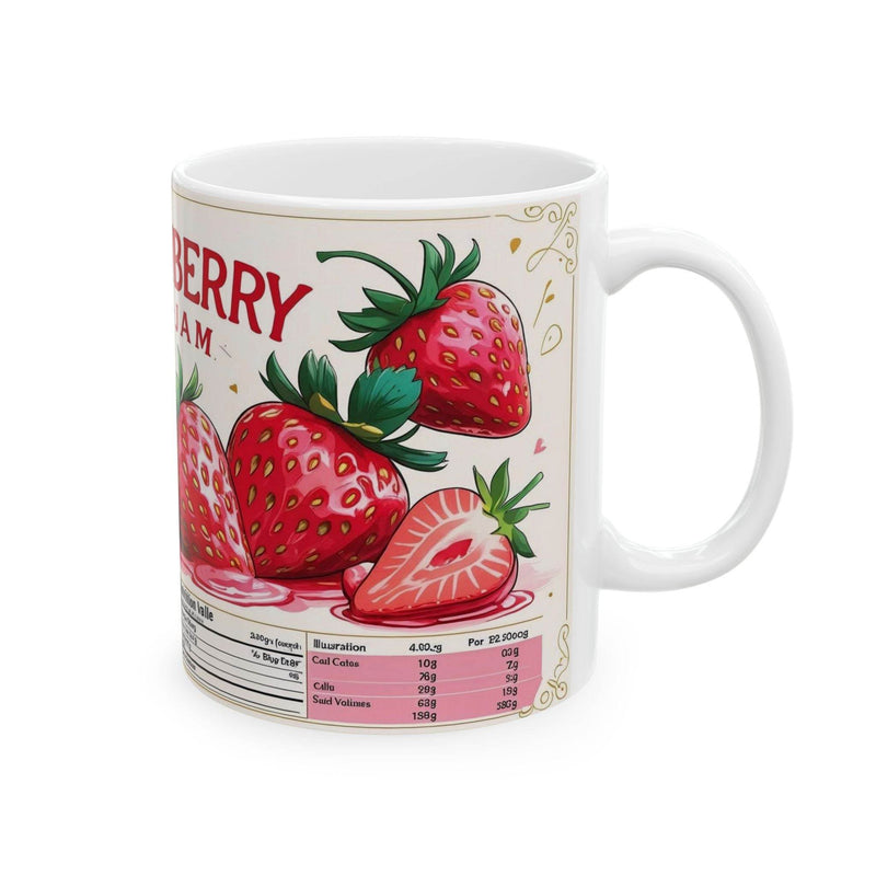 Premium 11oz sweet fruit themed Mug - Sweet Strawberry Jam Design Coffee Mug filled with warm tea on a rustic dining table.