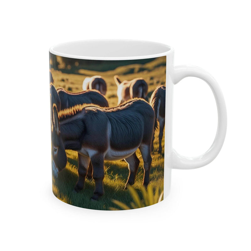 Vibrant 11oz animal inspired Mug - Grazing Donkeys Ceramic Coffee Mug filled with warm morning tea on a dining table.