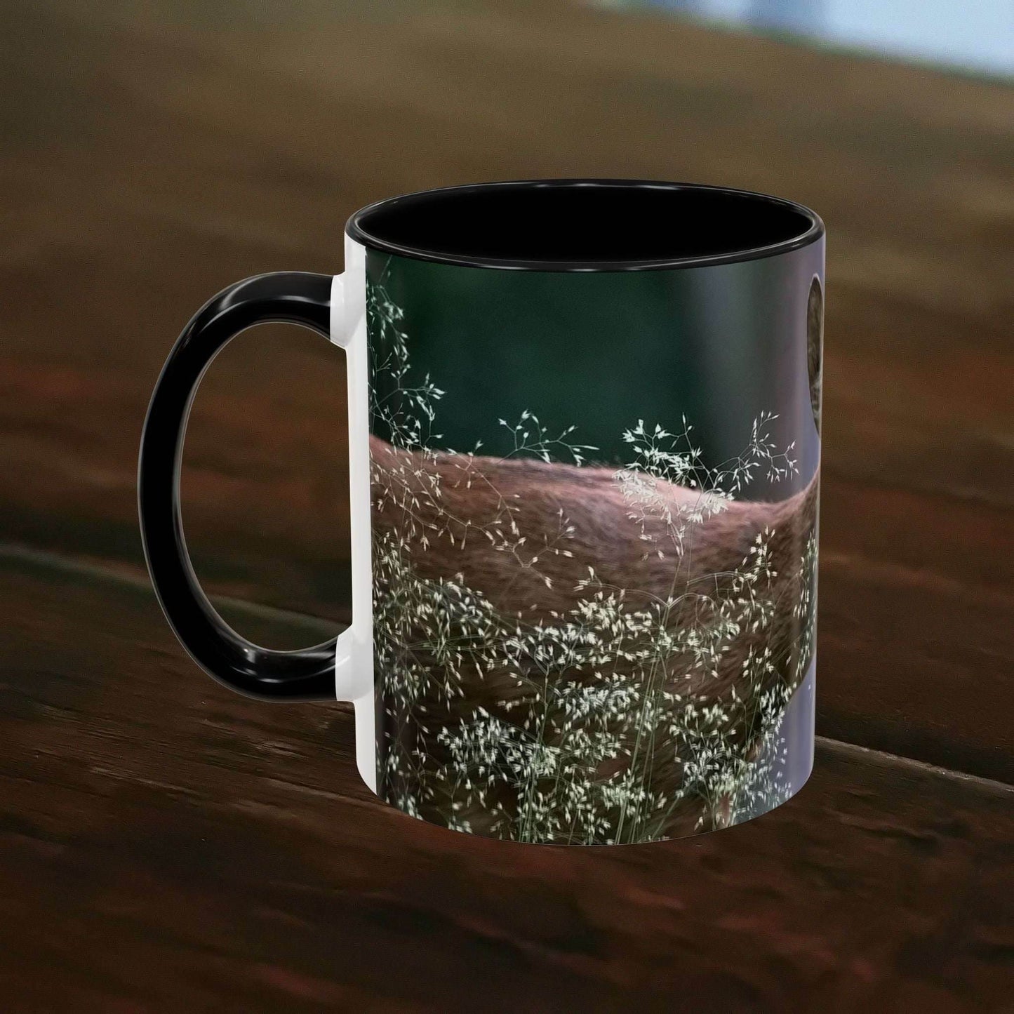 Nature-inspired deer ceramic mug with floral accents, 11oz size.