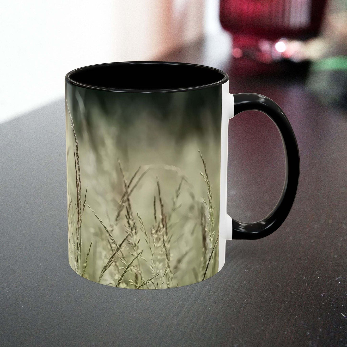 Ceramic mug with flowering grass design, ideal for nature lovers.
