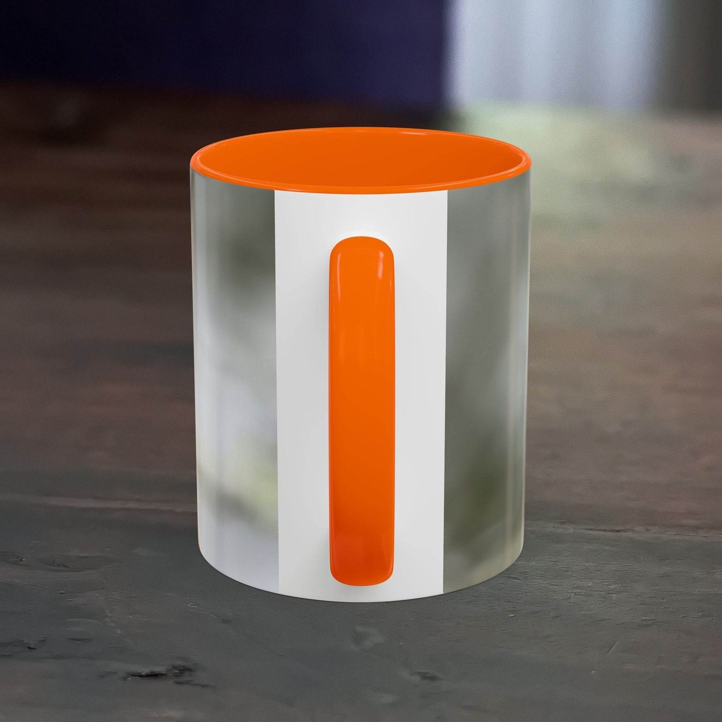 White ceramic mug with dragonfly design and orange interior, 11oz capacity.