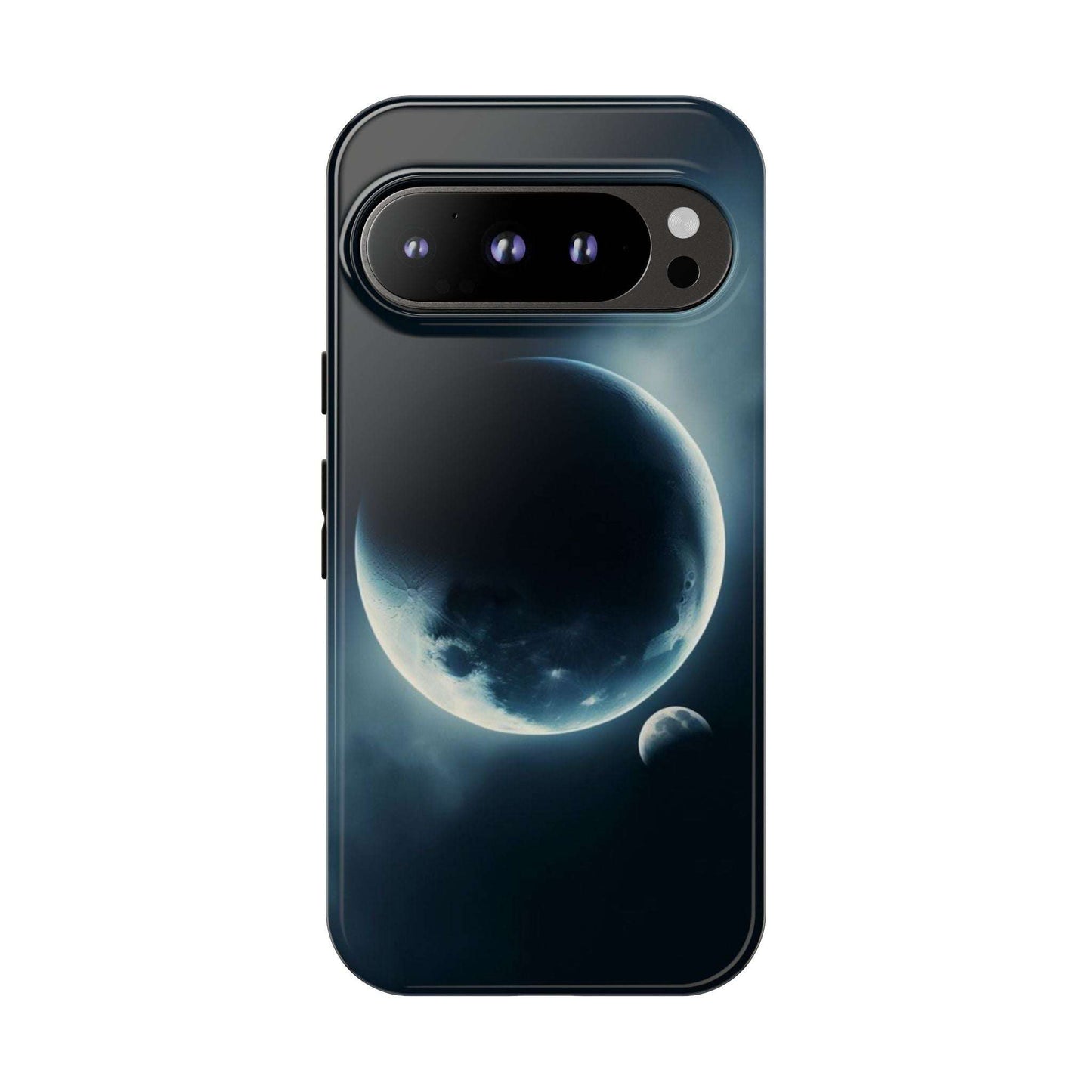 Futuristic Planet Earth and Moon phone case with durable, impact-resistant design.