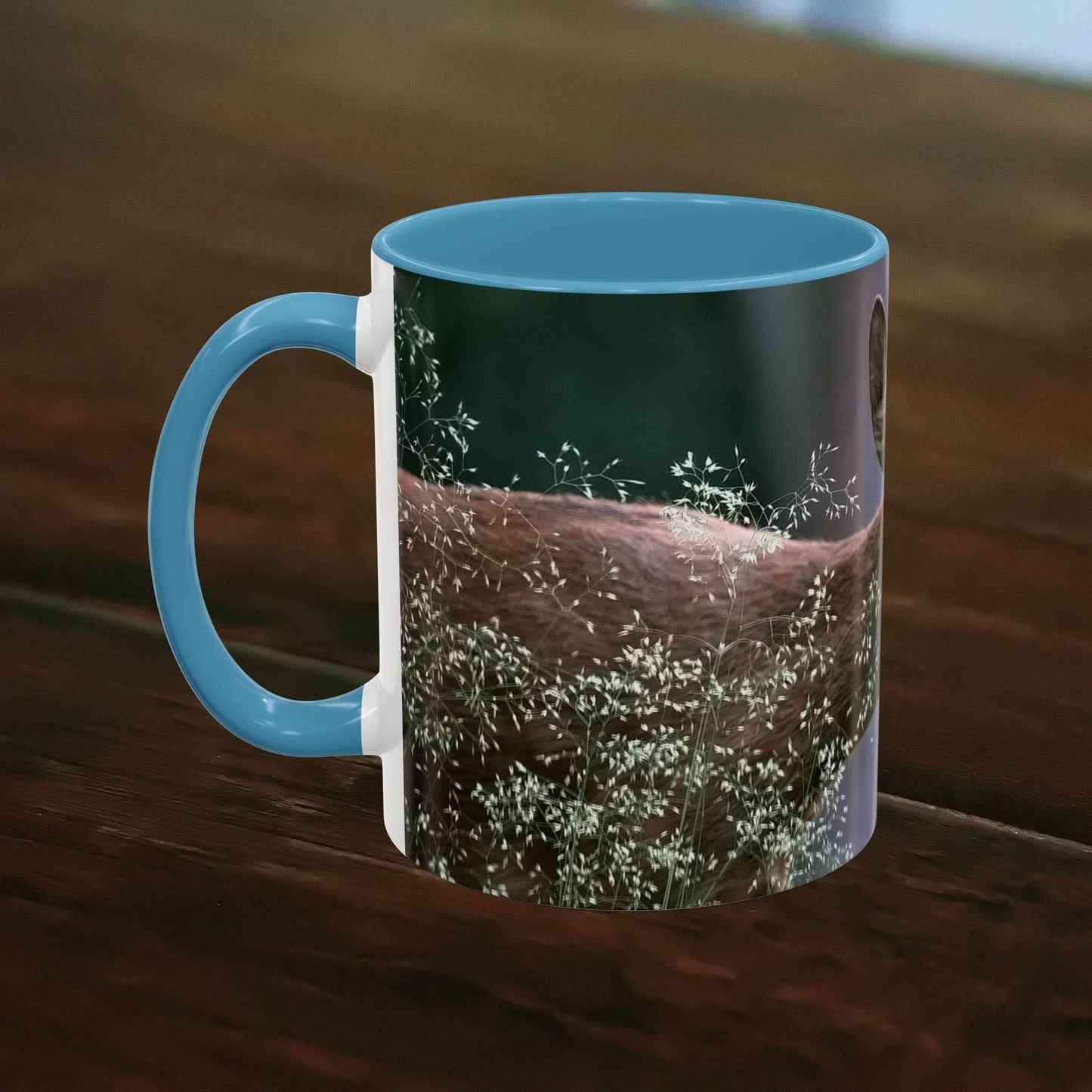 Nature-Inspired Deer Ceramic Mug with floral design, 11oz, on wooden table.