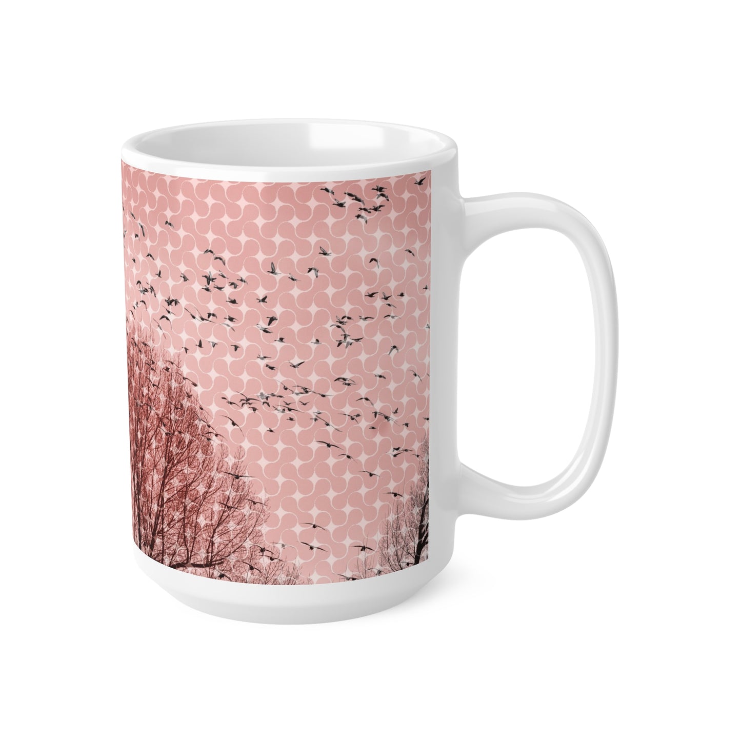 Birds at Dusk Ceramic Mug — Pink Tree Silhouette Coffee Mug