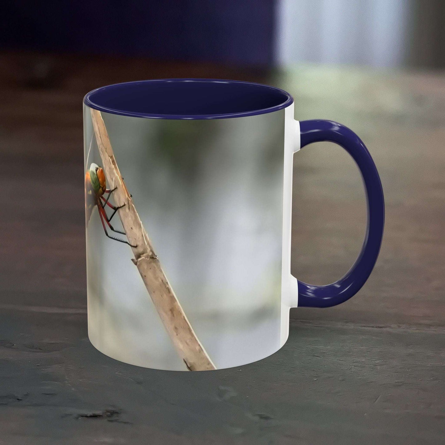 Accent Coffee Mug with Dragonfly Design, High-Quality Ceramic, 11 oz, Dishwasher Safe.