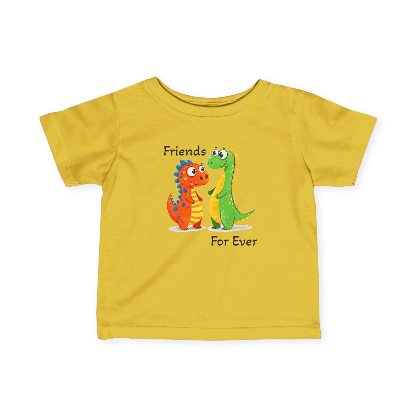 Infant yellow tee featuring cute dinosaur friends graphic and "Friends Forever" text.