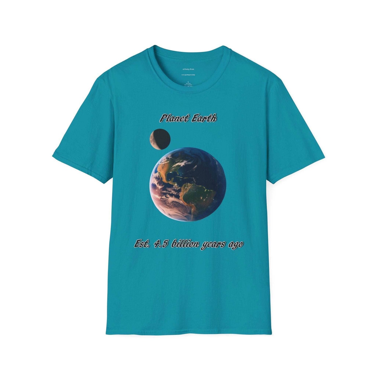Eco-friendly Planet Earth Graphic T-Shirt for nature lovers, blue with Earth and moon design.