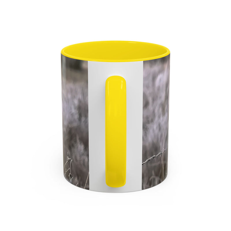 Nature photography gift: 11oz robin print mug with Yellow handle and interior.