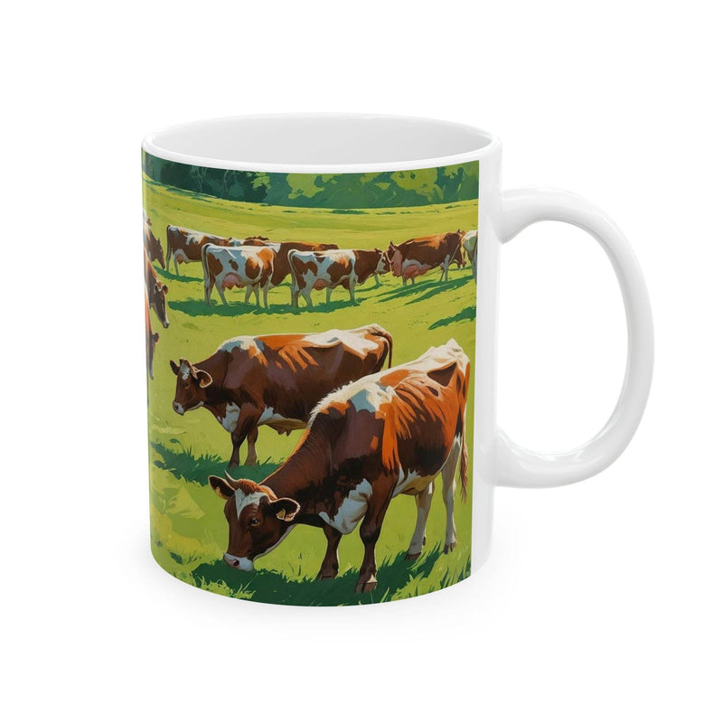 Premium 11oz cow themed Mug - Grazing Cows Ceramic Coffee Mug filled with warm tea on a rustic wooden dining table.