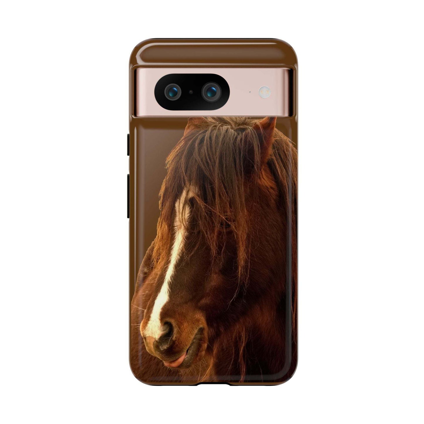 Phone case for horse lovers with protective brown design featuring a detailed horse image.
