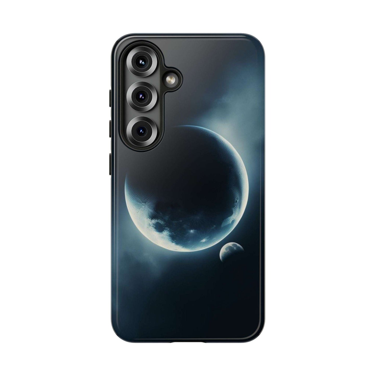 Space-themed phone case featuring Earth and Moon design, durable and impact-resistant.