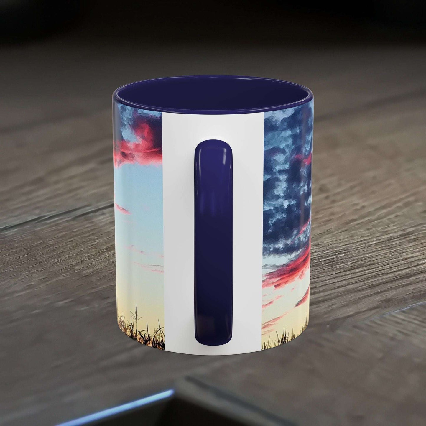 11oz Sunset Accent Coffee Mug with vibrant colors, glossy finish, and nature-inspired design for coffee lovers.