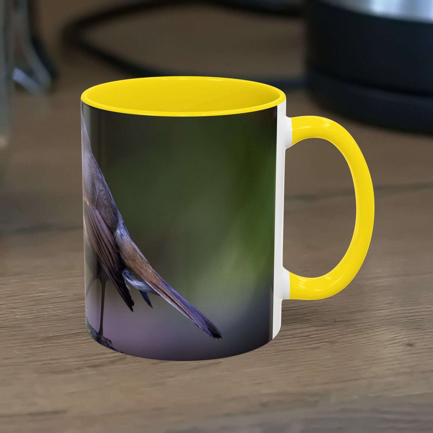 White ceramic 11oz Robin Mug with vibrant bird illustration.