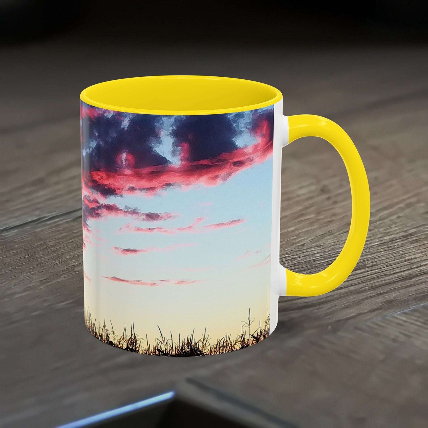 Sunset Accent Coffee Mug with vibrant artistic design and glossy finish.