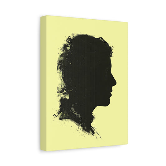 Silhouette Portrait Canvas Print — Vintage Black Profile on Soft Yellow Matte