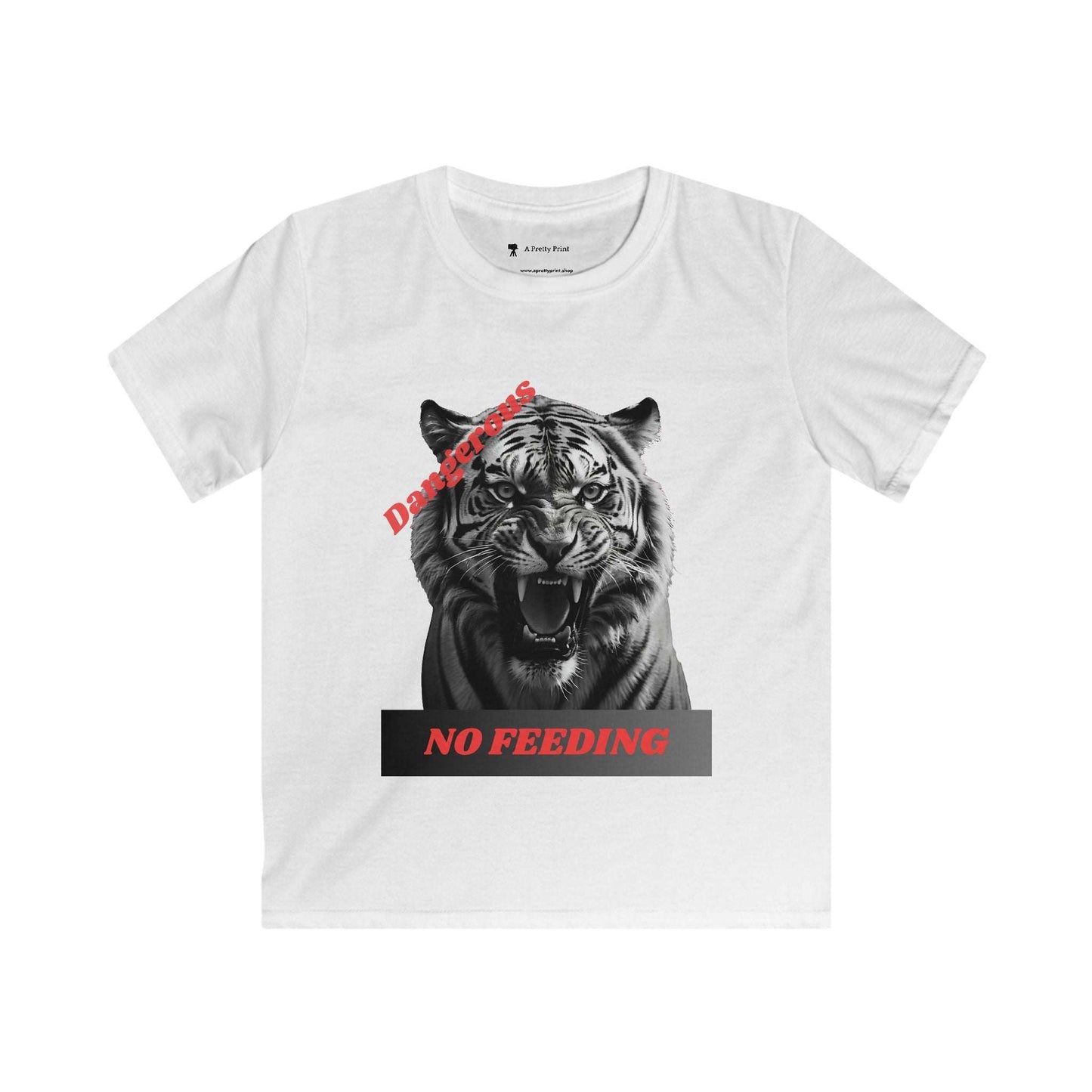 Kids Graphic Tee with a fierce tiger design and "Dangerous: No Feeding" warning, ideal for animal lovers.