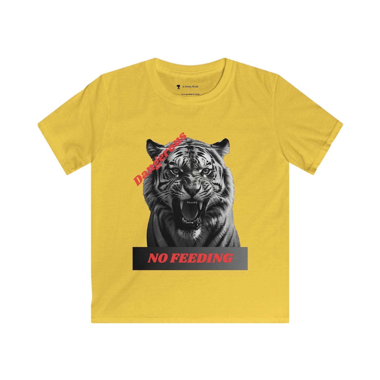 Yellow kids graphic tee featuring an angry tiger with the warning "Dangerous: No Feeding."
