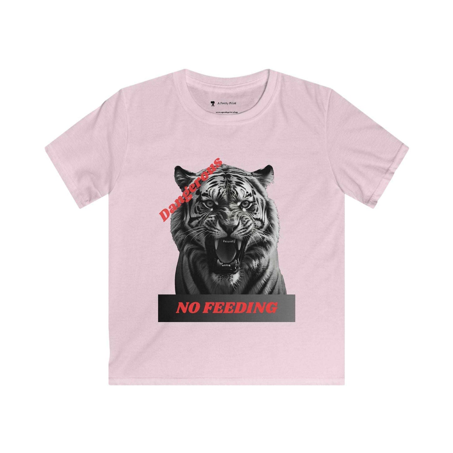 Kids graphic tee with an angry tiger design and "Dangerous: No Feeding" warning.