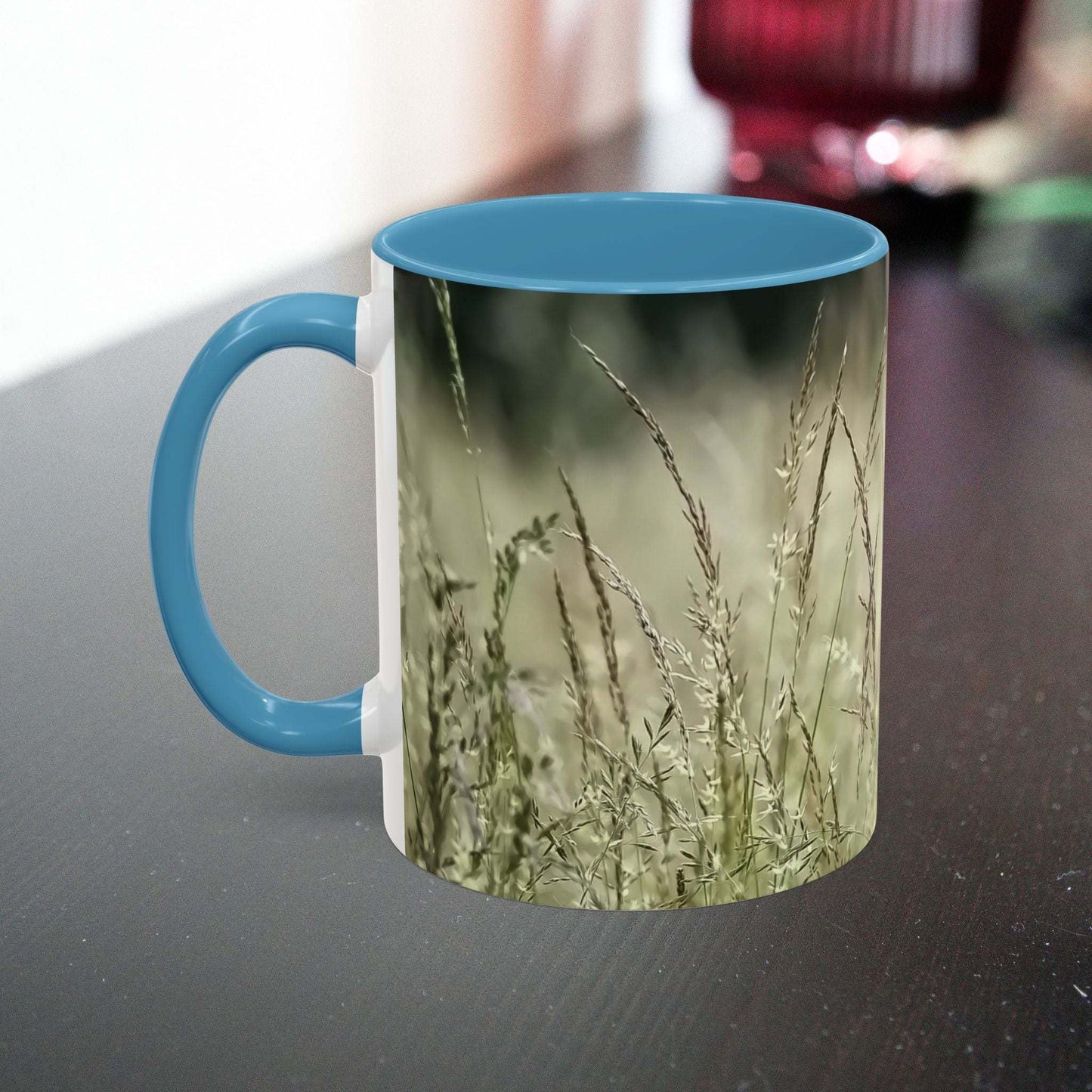 Flowering Grass Mug with ceramic nature design on dark table
