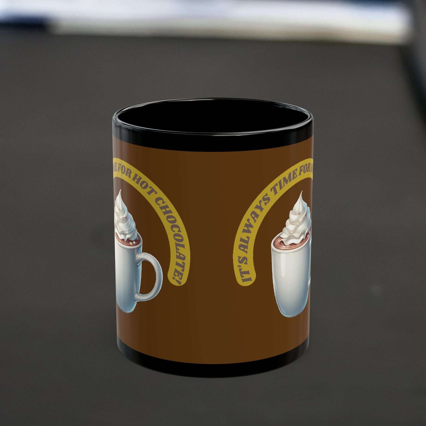 Black ceramic mug with hot chocolate design, available in 11oz and 15oz sizes, glossy finish.