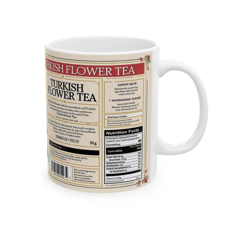 Premium 11oz colorful floral themed Mug Turkish Flower Tea Ceramic Mug filled with warm tea on a rustic dining table.