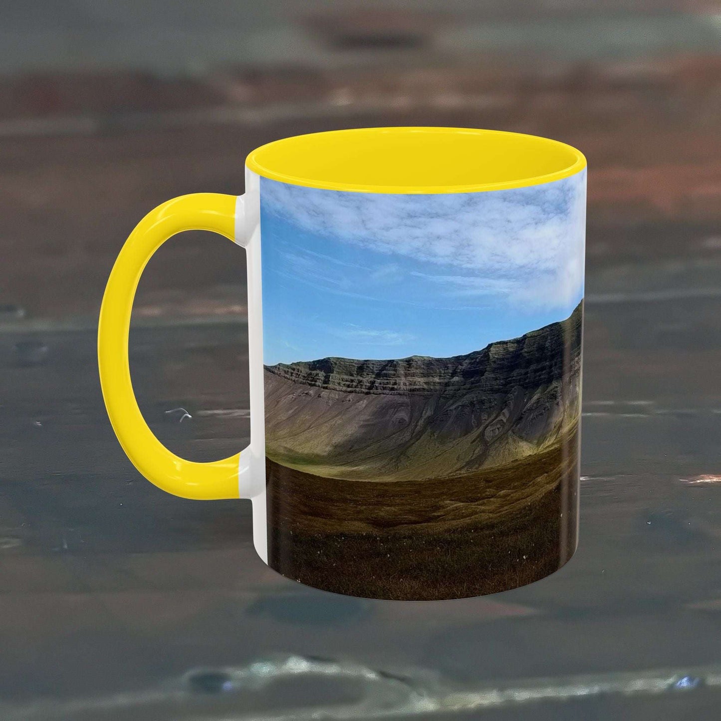 Coffee mug featuring Iceland scenery, 11 oz, ceramic, yellow interior and handle.